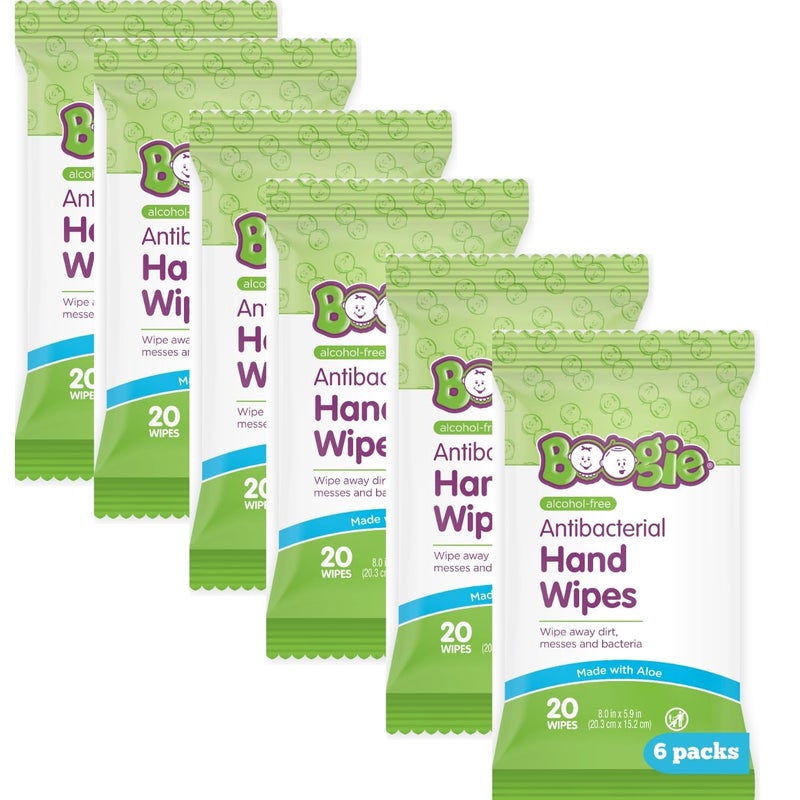 Boogie Antibacterial Hand Wipes by Boogie, Alcohol Free, Hypoallergenic and Moisturizing Aloe, Hand Wipes for Kids and Adults, 6 Packs of 20 (120 total wipes) - Image 1