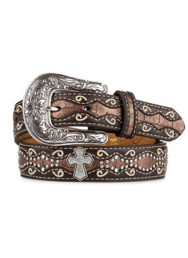 ARIAT - Girls Belt With Rhinestone Cross Conchos Faux Crocodile Leather Brown Size 24 - Image 1