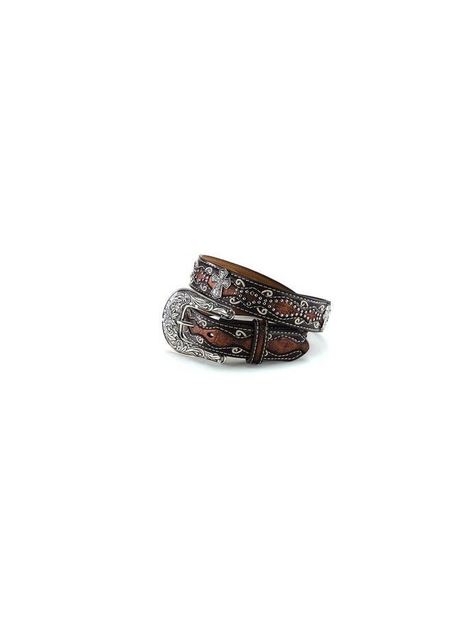 ARIAT - Girls Belt With Rhinestone Cross Conchos Faux Crocodile Leather Brown Size 24 - Image 1