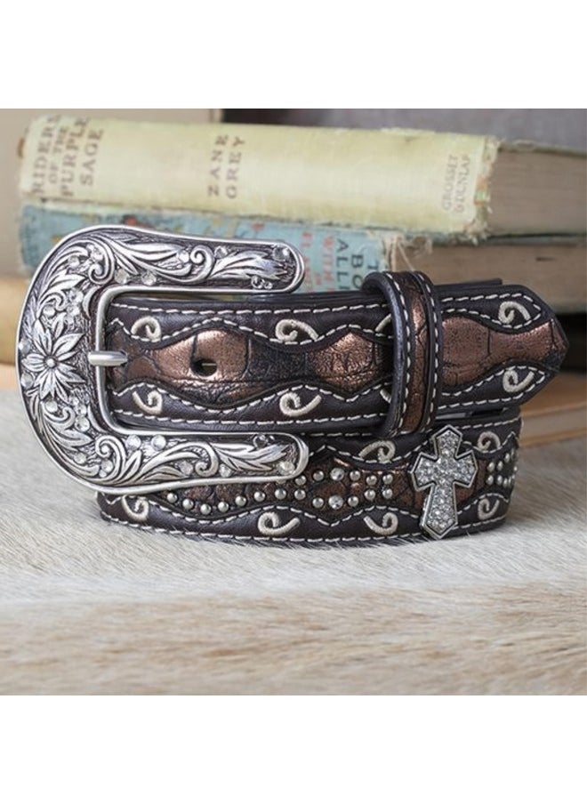 ARIAT - Girls Belt With Rhinestone Cross Conchos Faux Crocodile Leather Brown Size 24 - Image 1