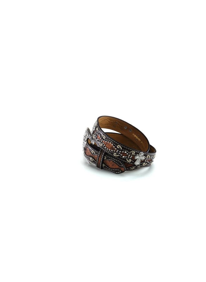 ARIAT - Girls Belt With Rhinestone Cross Conchos Faux Crocodile Leather Brown Size 24 - Image 1