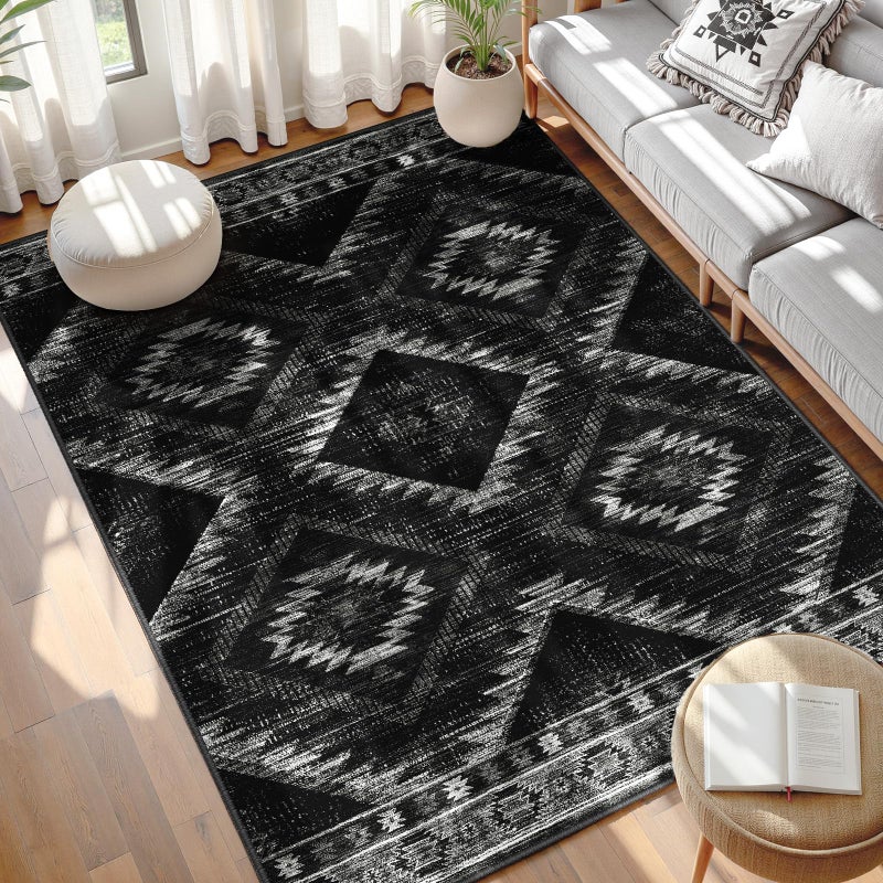 BESTSWEETIE Area Rug 5x7 Rug Machine Washable Non-Slip Low Pile Print Pattern Western Rug for Living Room Bedroom Entryway Tribal Series -Black - Image 1