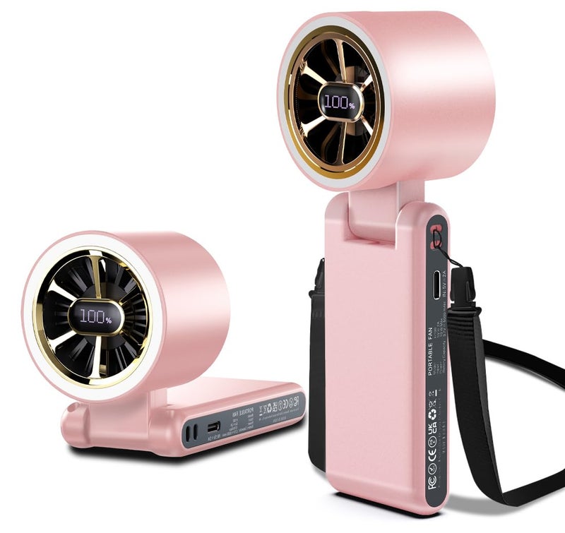 CAZOKASI Rechargeable Strong Wind Handheld Fan With Ambient Lighting 4 IN1 5000mAh Upto 22H For Desktop Waist Clip Neck (StrongWind/Pink) - Image 1