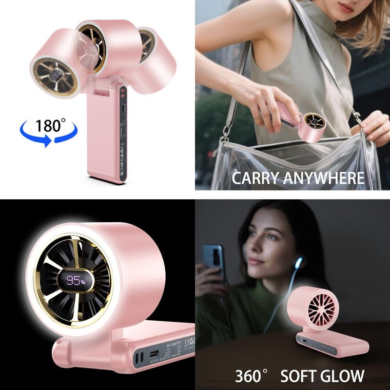 CAZOKASI Rechargeable Strong Wind Handheld Fan With Ambient Lighting 4 IN1 5000mAh Upto 22H For Desktop Waist Clip Neck (StrongWind/Pink) - Image 2