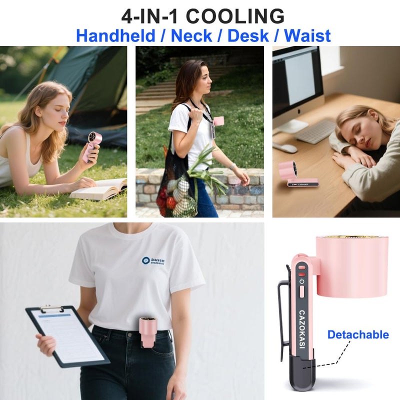 CAZOKASI Rechargeable Strong Wind Handheld Fan With Ambient Lighting 4 IN1 5000mAh Upto 22H For Desktop Waist Clip Neck (StrongWind/Pink) - Image 3