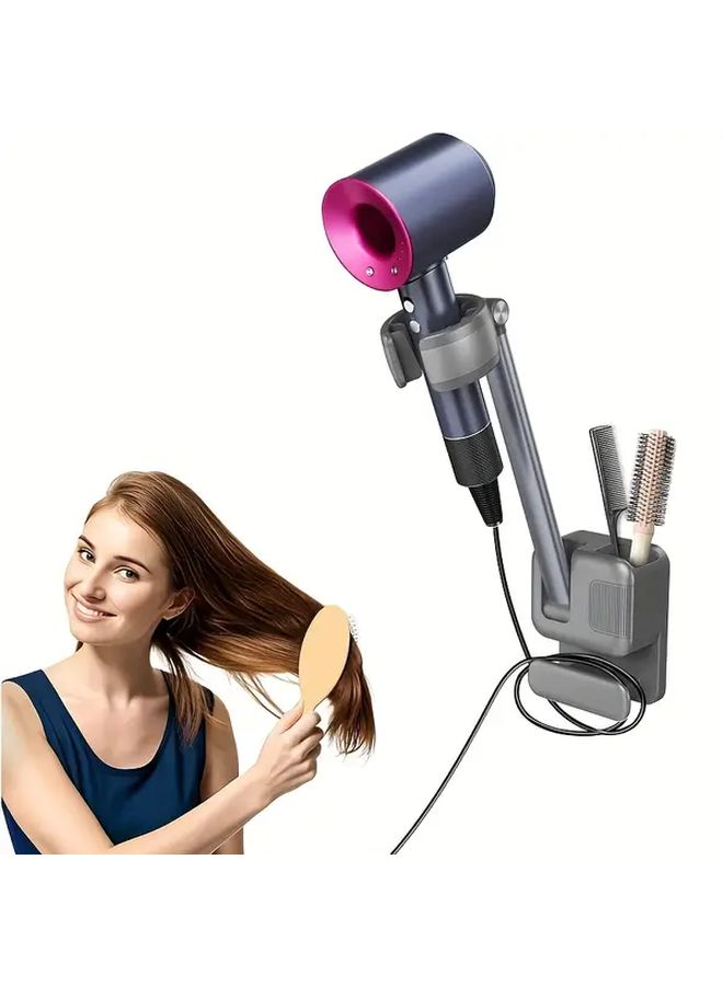 Grey Wall Mount Hair Dryer Holder Adjustable Hands Free With Cord Organizer - Image 1