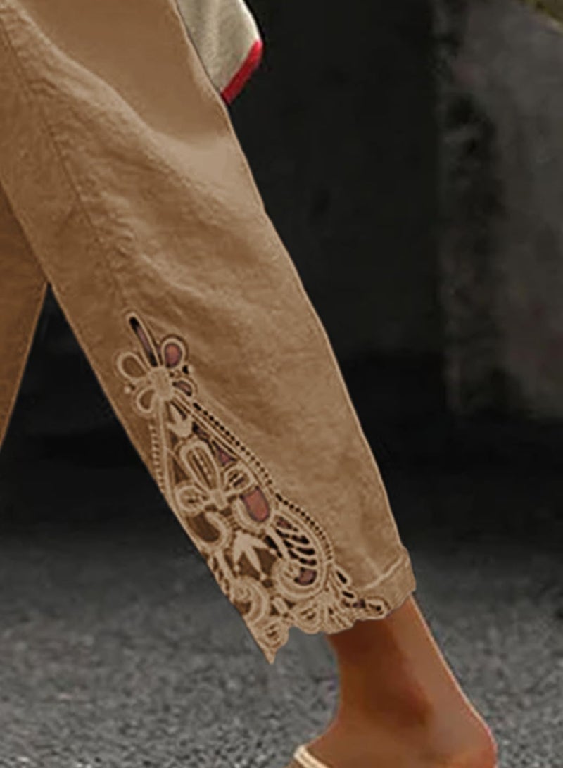 Acelitt Women Casual Linen Pants Lightweight Drawstring Elastic Waist Fall Fashion Ankle Capri Pants with Pockets Khaki Small - Image 4
