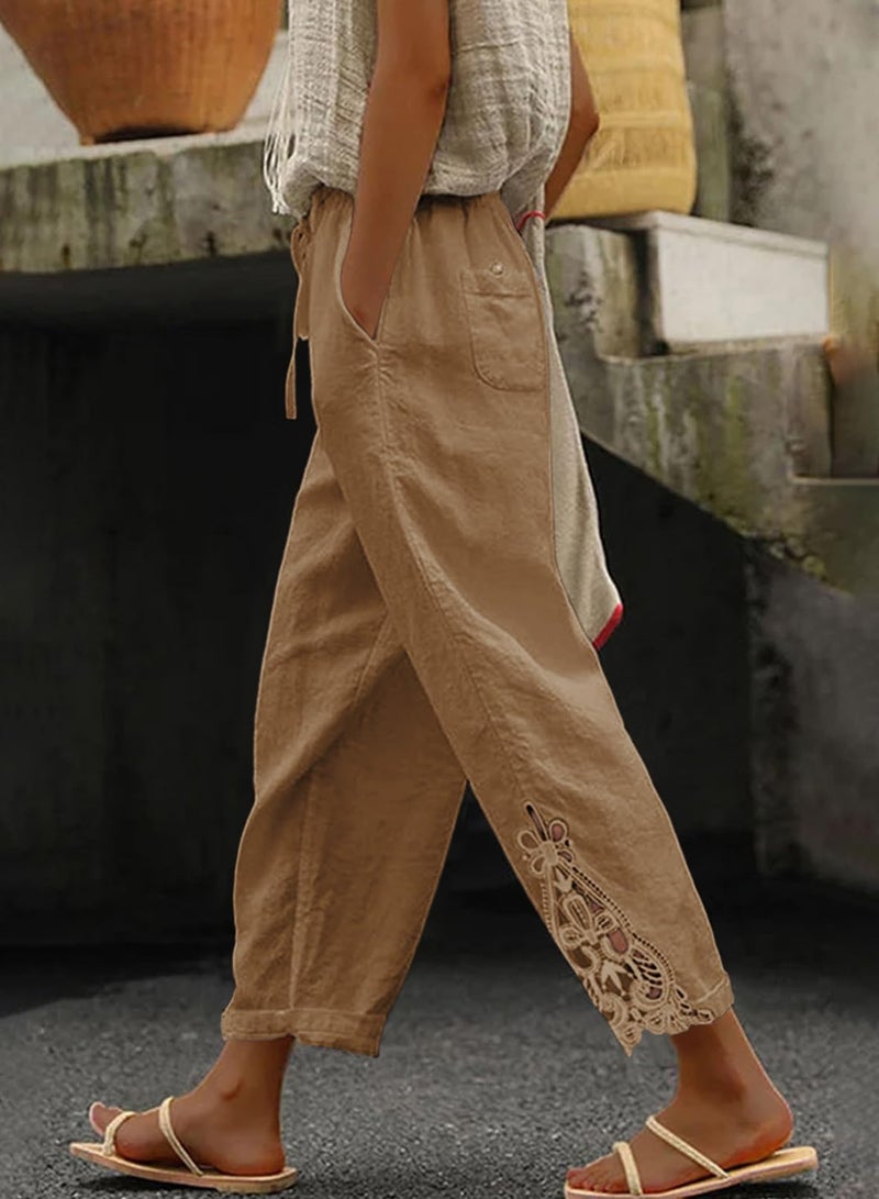 Acelitt Women Casual Linen Pants Lightweight Drawstring Elastic Waist Fall Fashion Ankle Capri Pants with Pockets Khaki Small - Image 2