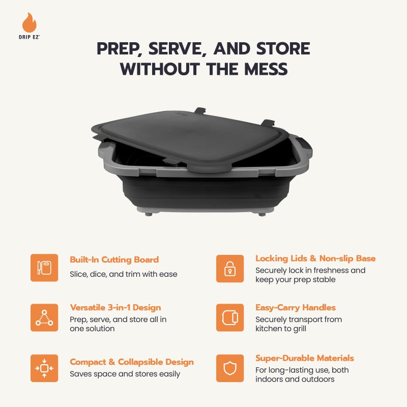 Drip EZ Collapsible BBQ Prep Tub - For Meal Prep Marinating Food Storage - Includes Cutting Board & Locking Lid - (1) XL - Orange - Image 3
