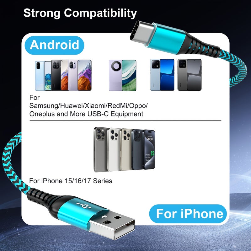 كابل شحن سريع مضفر من النايلون بمنفذ USB-C، متوافق مع مزامنة البيانات، بطول 200 سم (78 بوصة)، باللونين الأبيض والأسود، متوافق مع أجهزة iPhone 15 و16 و17 وOnePlus وXiaomi وغيرها من الأجهزة الأخرى. - Image 3