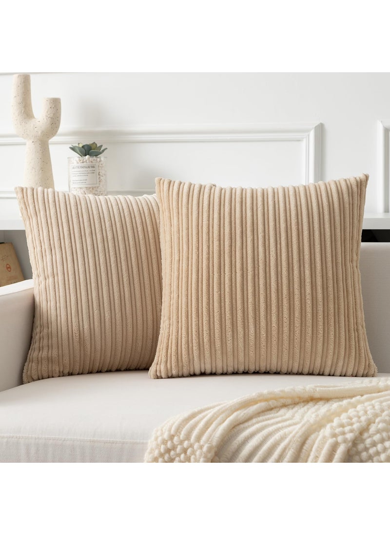 K KEVIN TEXTILE Kevin Textile Throw Pillow Covers Soft Corduroy Decorative Set of 2 Boho Striped Pillow Covers Pillowcases Farmhouse Home Decor for Couch Bed Sofa Living Room 26x26 Inch Beige  - Image 1