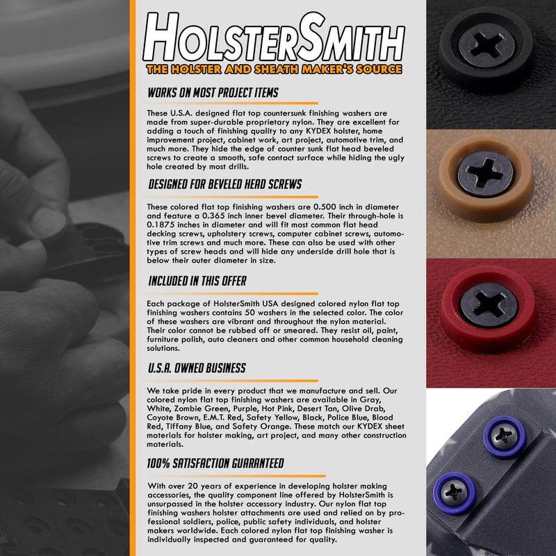 HolsterSmith Colored Nylon Flat Top Finishing Washers - (Color Collection) - (50 Pack) - (0.500 Inch Diameter) - for KYDEX Holsters, Auto Trim, Art Projects, Home Improvement - Image 4