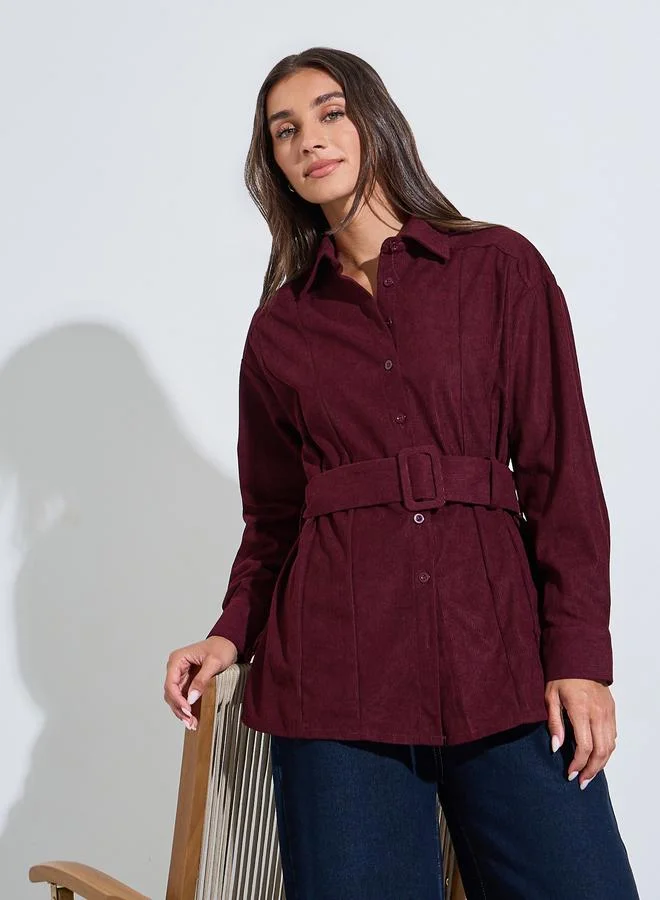ستايلي Burgundy Longline Corduroy Shirt with Belt