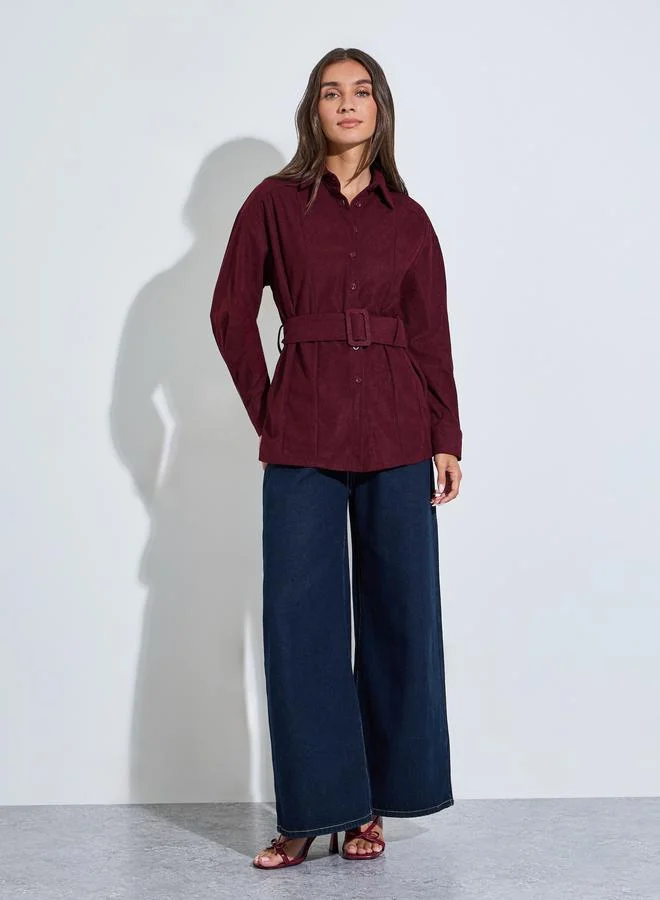 ستايلي Burgundy Longline Corduroy Shirt with Belt