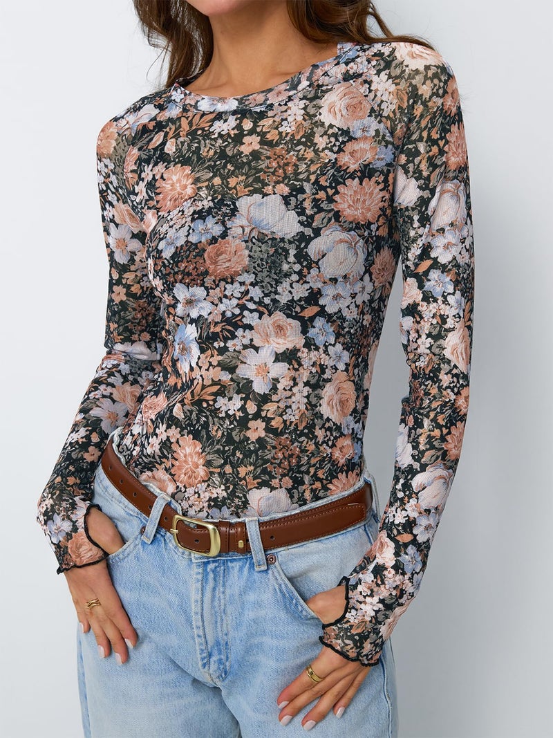 Dealmore Womens Mesh Sheer Lace Going Out Slim Fitted See Through Tops Spring Fashion Clothes 2026 Outfits Floral Fierce M - Image 2