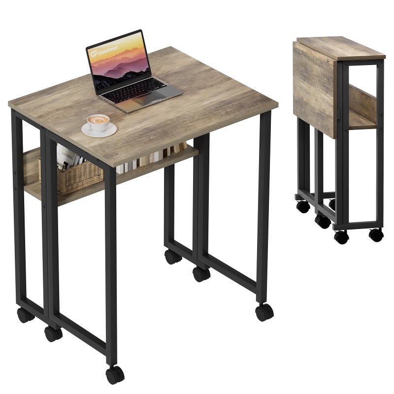 GreenForest Folding Desk Small Rolling Desk with Storage Shelf,31.5 inch Foldable Computer Desk with Wheels for Small Space,Easy Assembly,Grey Wash - Image 1