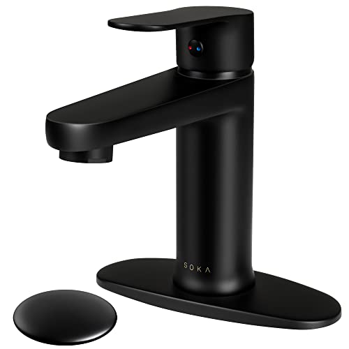 SOKA Brass Bathroom Faucet Matte Black with Popup Sink Drain Stopper Deck Plate 1 or 3 Hole Single Handle RV Faucet