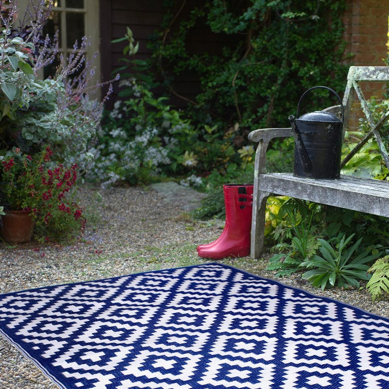 FH Home FH Home Outdoor Rug  Waterproof Fade Resistant Reversible  Premium Recycled Plastic  Geometric  Porch Deck Balcony Mudroom Laundry Room Patio  Aztec  Blue  White Crease Free  3 x 5 ft 