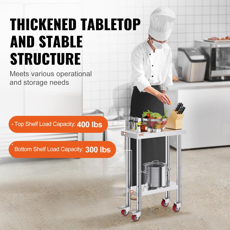 Vevor Stainless Steel Work Table with Wheels 24 x 12 x 32 Inch Prep Table with 4 Casters Heavy Duty Work Table for Commercial Kitchen Restaurant Business : Industrial & Scientific - Image 3