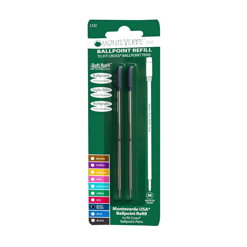 Monteverde Ballpoint Refill to Fit Cross Ballpoint Pens, Medium Point, Soft Roll, Blue / Black, 2 per Pack (C132BB) - Image 1