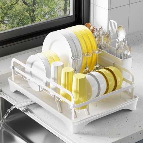LIYI Dish Drying Rack for Kitchen Counter - Kitchen Dish Rack with Drainboard, Small Dish Drainer with Utensil Holder for Sink, 16.5" D x 11.6" W x 6.6" H, White - Image 1