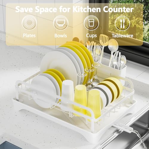 LIYI Dish Drying Rack for Kitchen Counter - Kitchen Dish Rack with Drainboard, Small Dish Drainer with Utensil Holder for Sink, 16.5" D x 11.6" W x 6.6" H, White - Image 2