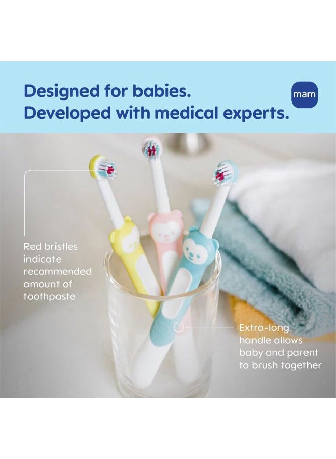 MAM Learn to Brush Set (1 Baby's Brush Toothbrush, 1 Training Brush, 1 Safety Shield), Baby Toothbrushes with Brushy The Bear, Interactive App, for Boys 5+ Months - Image 2