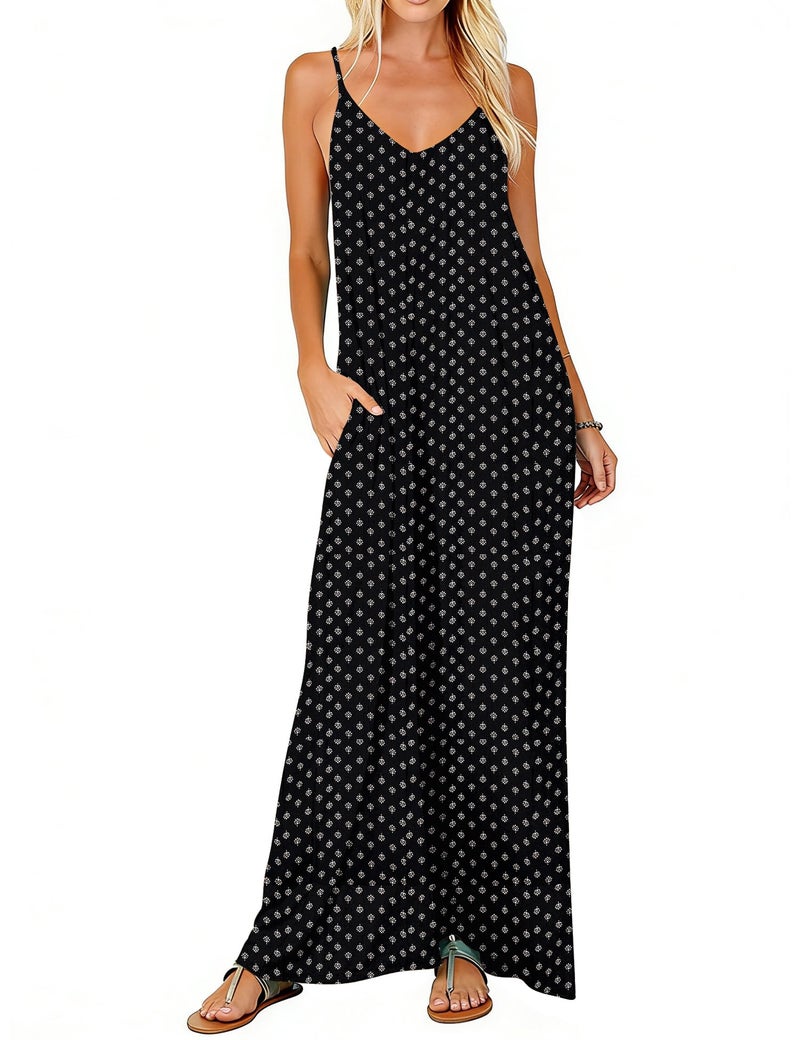 Poetsky Women's Long Dress Casual V Neck Sleeveless Summer Beach Dress Black Print L - Image 1