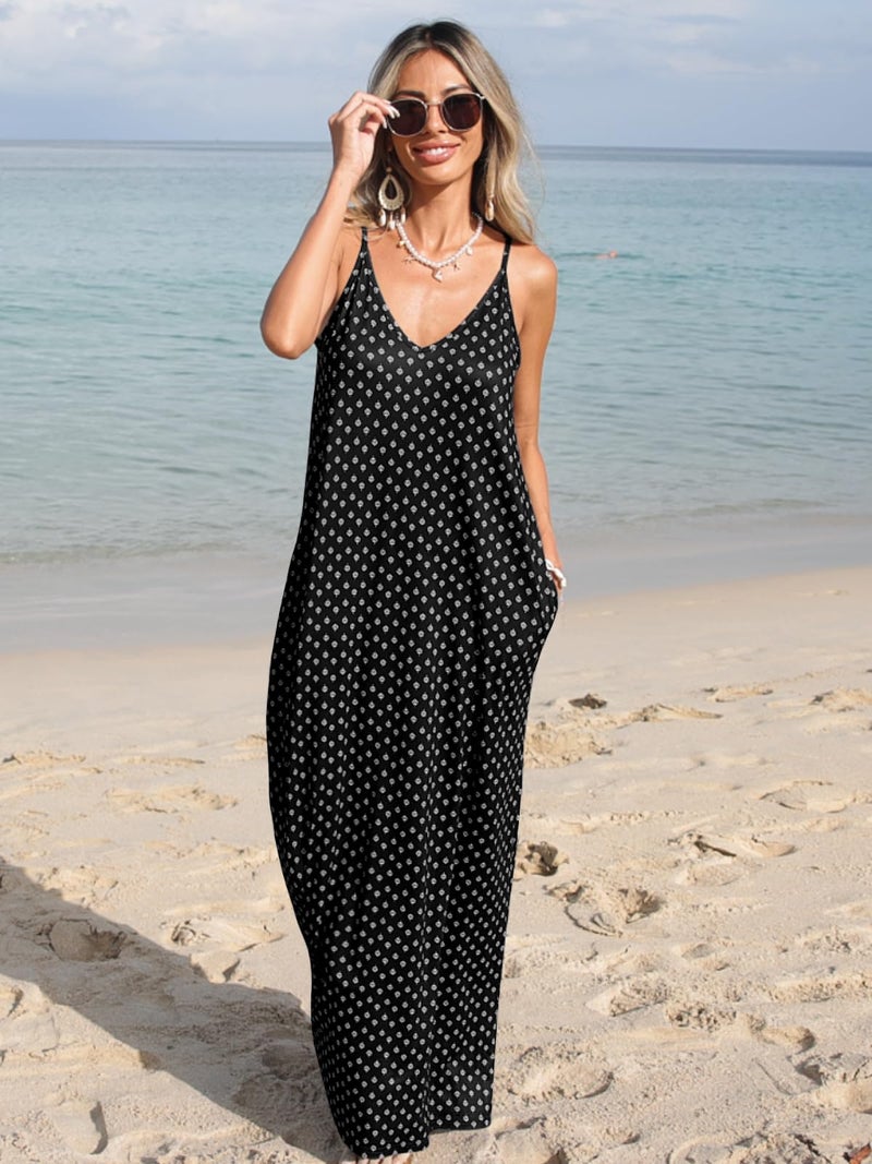 Poetsky Women's Long Dress Casual V Neck Sleeveless Summer Beach Dress Black Print L - Image 2