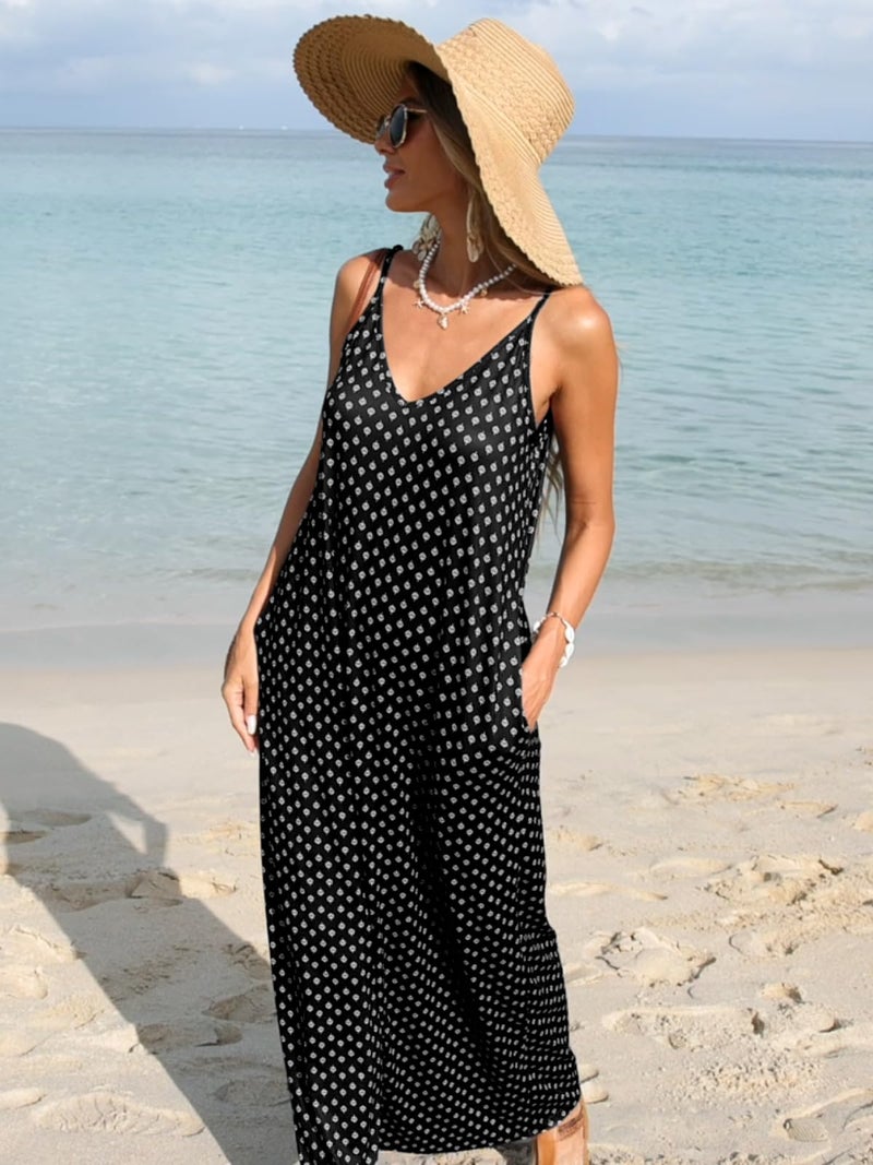 Poetsky Women's Long Dress Casual V Neck Sleeveless Summer Beach Dress Black Print L - Image 4