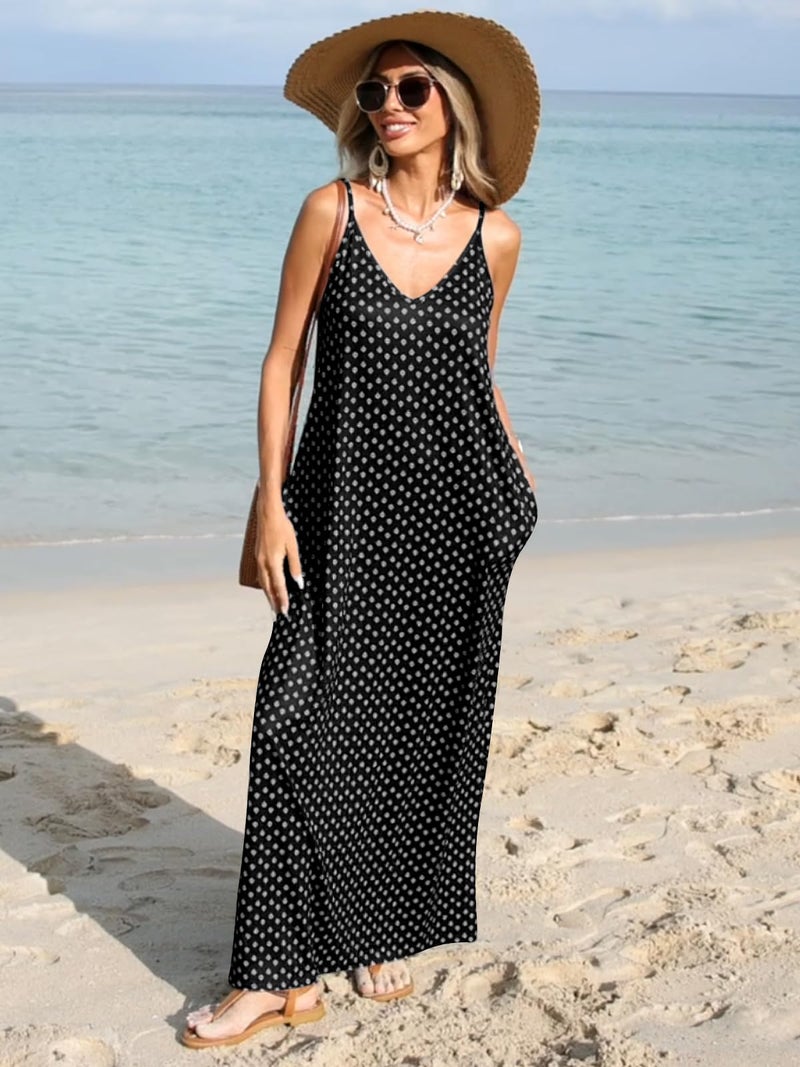Poetsky Women's Long Dress Casual V Neck Sleeveless Summer Beach Dress Black Print L - Image 3
