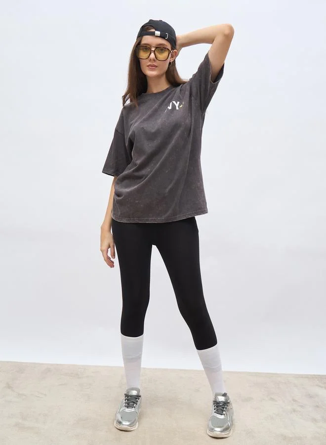 ستايلي Styli Slogan Print Acid Washed Oversized T-Shirt