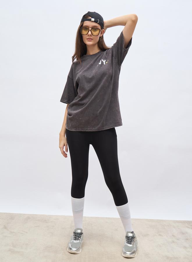 Styli Slogan Print Acid Washed Oversized T-Shirt - Image 1
