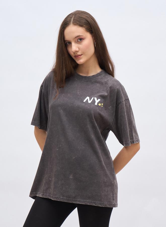 Styli Slogan Print Acid Washed Oversized T-Shirt - Image 3
