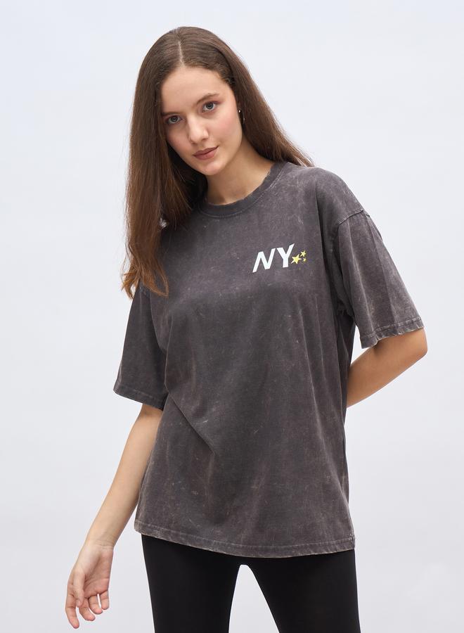 Styli Slogan Print Acid Washed Oversized T-Shirt - Image 2