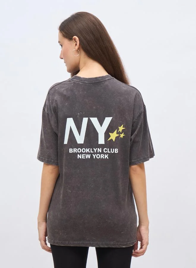 Styli Styli Slogan Print Acid Washed Oversized T-Shirt