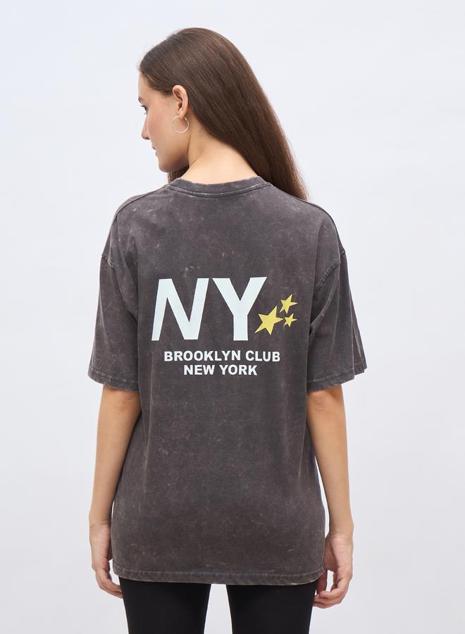 Styli Slogan Print Acid Washed Oversized T-Shirt - Image 5
