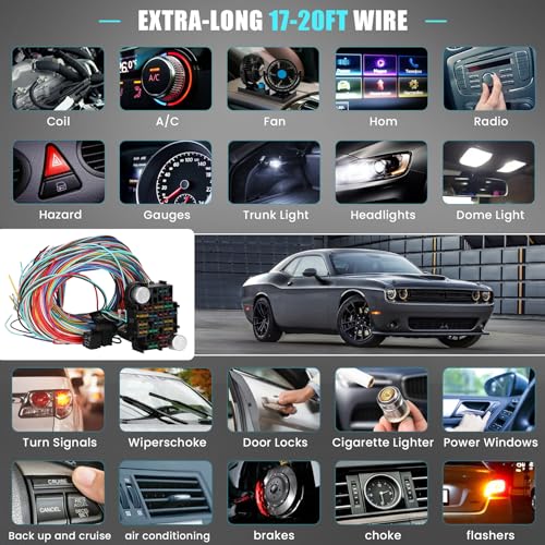 Saree Universal 21 Circuit Wiring Harness Kit, Universal Extra Long Wire 21 Circuit Wiring Harness Standard Color 17 Fuses for GM Chevy Chrysler Dodge Ford Hotrods Plymouth Mopar Mercury Ratrods - Image 4