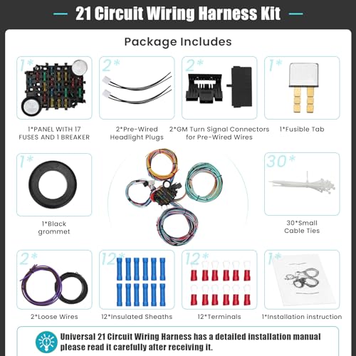 Saree Universal 21 Circuit Wiring Harness Kit, Universal Extra Long Wire 21 Circuit Wiring Harness Standard Color 17 Fuses for GM Chevy Chrysler Dodge Ford Hotrods Plymouth Mopar Mercury Ratrods - Image 3