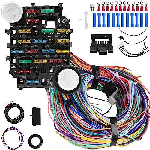 Saree Universal 21 Circuit Wiring Harness Kit, Universal Extra Long Wire 21 Circuit Wiring Harness Standard Color 17 Fuses for GM Chevy Chrysler Dodge Ford Hotrods Plymouth Mopar Mercury Ratrods - Image 1