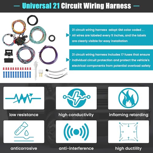 Saree Universal 21 Circuit Wiring Harness Kit, Universal Extra Long Wire 21 Circuit Wiring Harness Standard Color 17 Fuses for GM Chevy Chrysler Dodge Ford Hotrods Plymouth Mopar Mercury Ratrods - Image 5