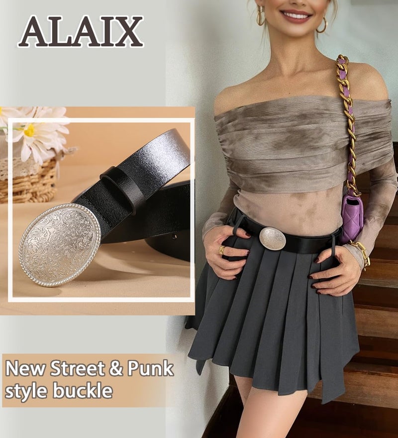 ALAIX Women's Black Leather Belt with Silver/Gold Buckle Western Jeans Y11K Punk Pants Belt Black and Silver Belts for Women - Image 2