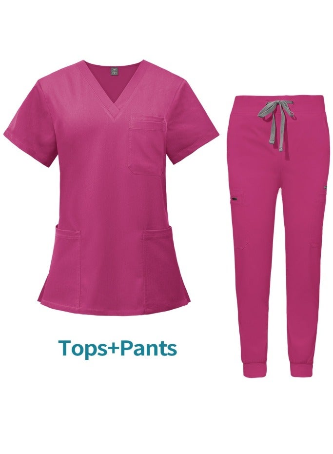 Loquat Medical Uniform Scrubs 2 Piece Set V-Neck Top and Jogger Pants Suit Rose Pink  - Image 1