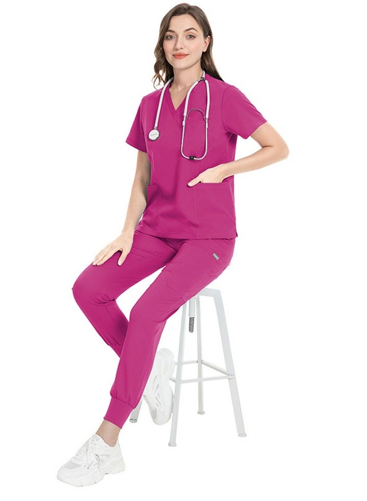 Loquat Medical Uniform Scrubs 2 Piece Set V-Neck Top and Jogger Pants Suit Rose Pink  - Image 3