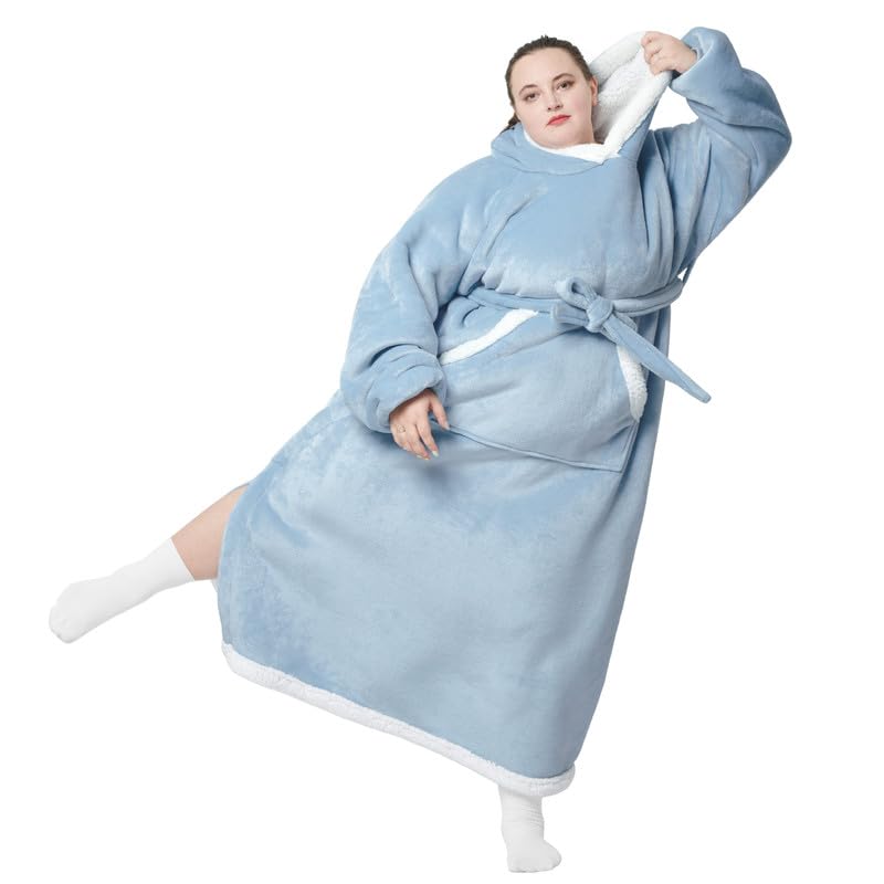 Bedsure Bedsure Oversized Wearable Blanket Hoodie - Long Sherpa Fleece Hooded Blanket for Adult Women Men  Warm Cozy Big Blanket Sweatshirt with Giant Pocket and Belt  Winter Gifts for Men  Oversize  Blue  - Image 1