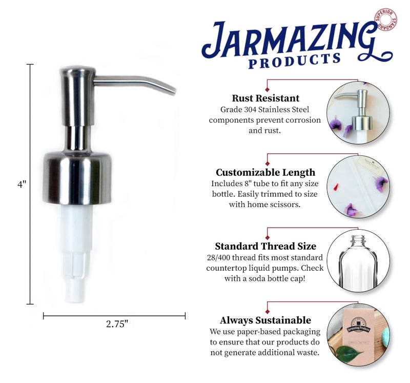 Jarmazing Products Stainless Steel Soap and Lotion Replacement Pump - One Pack - Image 2