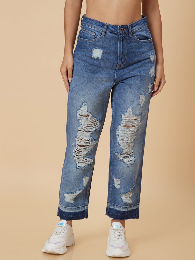 globus Globus Women Blue Boyfriend Fit Highly Distressed Heavy Fade Cotton Jeans  - Image 2