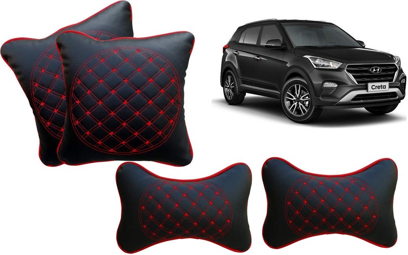 Selifaur Black and Red Double Quilted Car Cushion and Neck Rest Pillow Set of 4 for Creta 2019 - Image 1