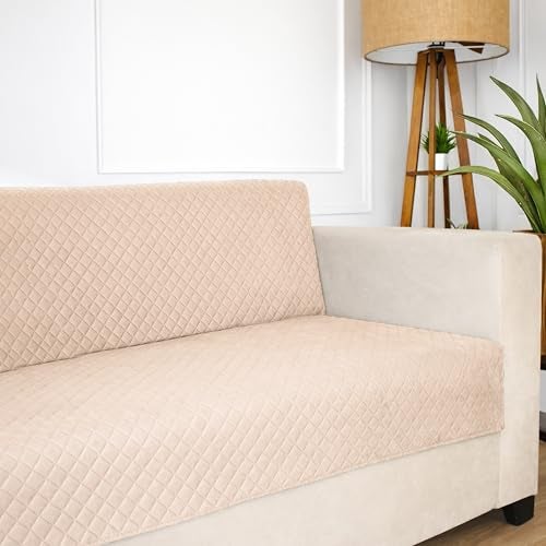 STITCHNEST 'Maison Plush Series' Quilted Velvet Sofa Cover 3 Seater Fully Covered | Premium Soft Fabric, Washable & Fade Resistant | Beige Sofa Protector | Size 70x60 Inch - Image 1