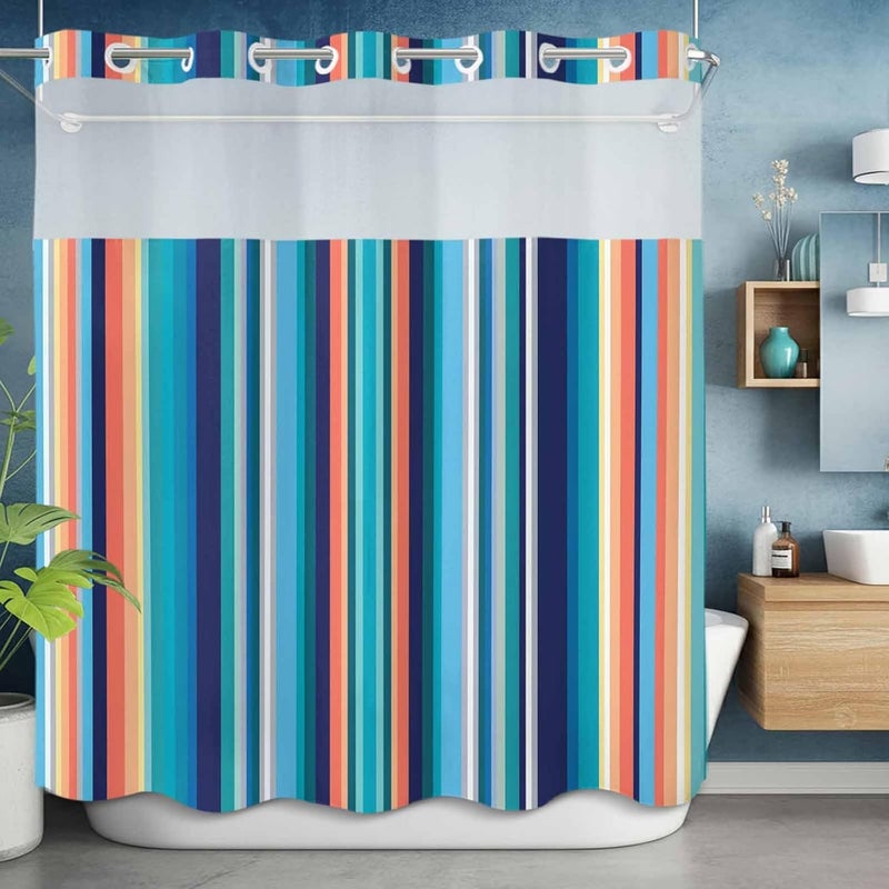No Hook Shower Curtain and Liner Set, Mexican Style Snap in Shower Curtain Set, Colorful Mexico Stripes Light Blue Waterproof Fabric Bathroom Curtain with See Through Top Window 72"x72" - Image 5